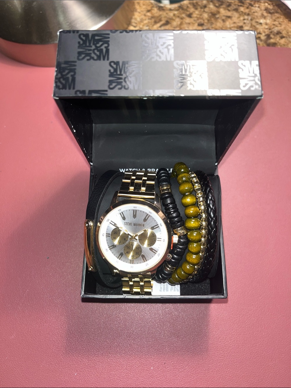 Steve Madden Gold-Tone Chronograph Watch with Black and Olive Bracelet Set